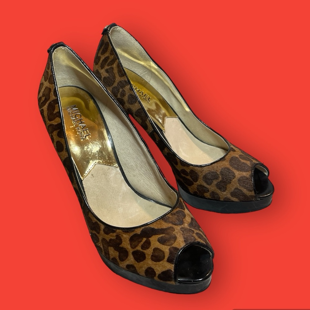 MICHAEL KORS Leopard Heel York Calf Hair Peep Toe Platform Women Stiletto Size 9